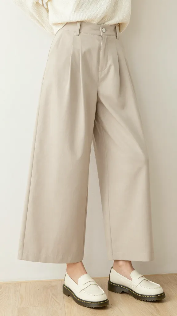 Minimalist lifestyle shot: beige high-waisted wide-leg pants, a cream knit top, and ivory Doc Martens loafers, posed on a pale wooden floor with natural light.
