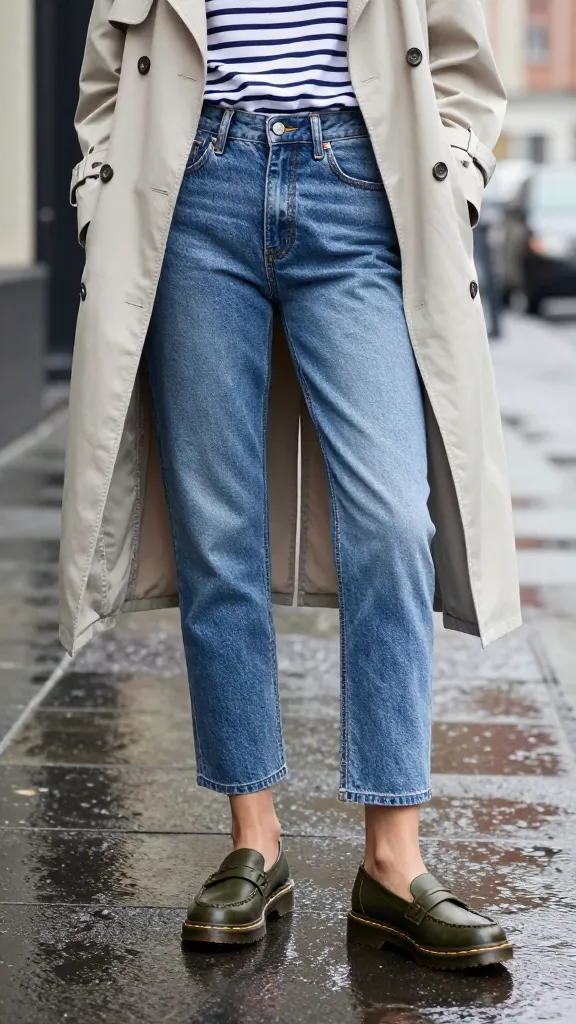 Elevated casual: cropped jeans, striped polo shirt, lightweight trench coat draped over shoulders, and olive-green Doc Martens loafers, standing on a rainy city street with reflections.