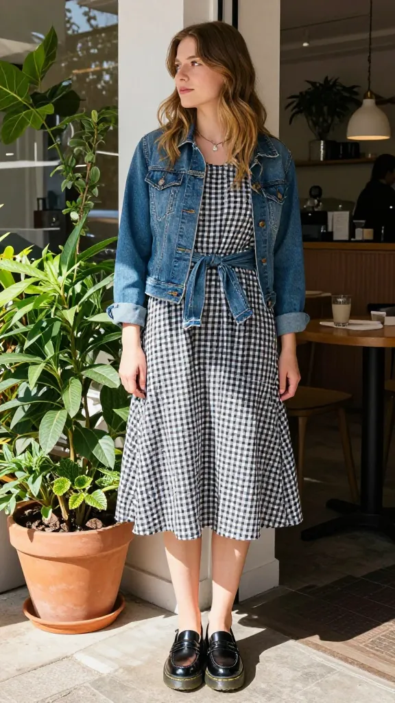 Weekend brunch: gingham midi dress, denim jacket tied around the waist, and black patent Doc Martens loafers, posed near a sunlit café with potted plants.