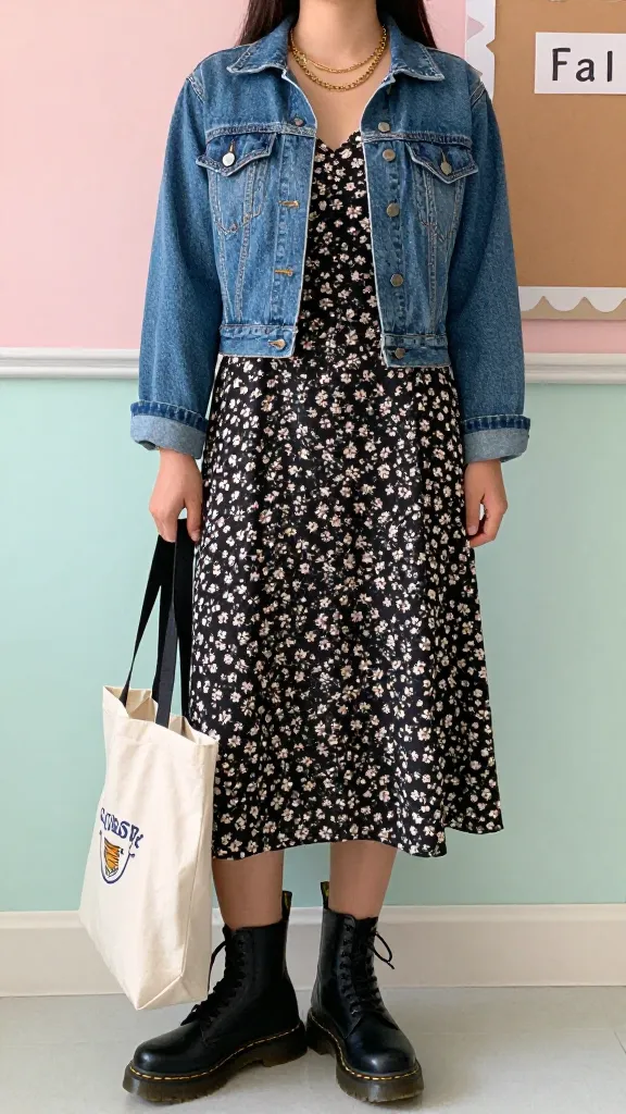 Close-up of a student outfit featuring chunky black Doc Martens paired with a floral midi dress and a cropped denim jacket, layered gold necklaces, and a tote bag, against a soft pastel classroom bulletin board backdrop.