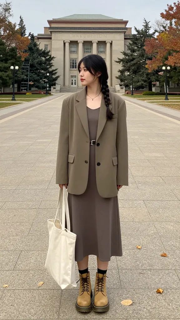 A campus quad shot of a student in tan Doc Martens, an oversized blazer over a slip dress with a belt, minimalist tote, and a braided hairstyle; autumn leaves on the ground and a university building in the distance.