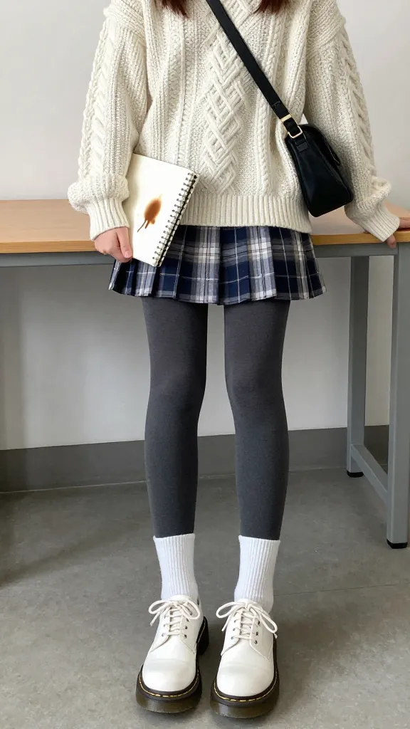 Street-style desk-to-class transition: student wearing white Doc Martens, a chunky knit sweater, a pleated plaid skirt, opaque tights, and a crossbody bag, holding a notebook, with a coffee spill aesthetic avoided by the design.