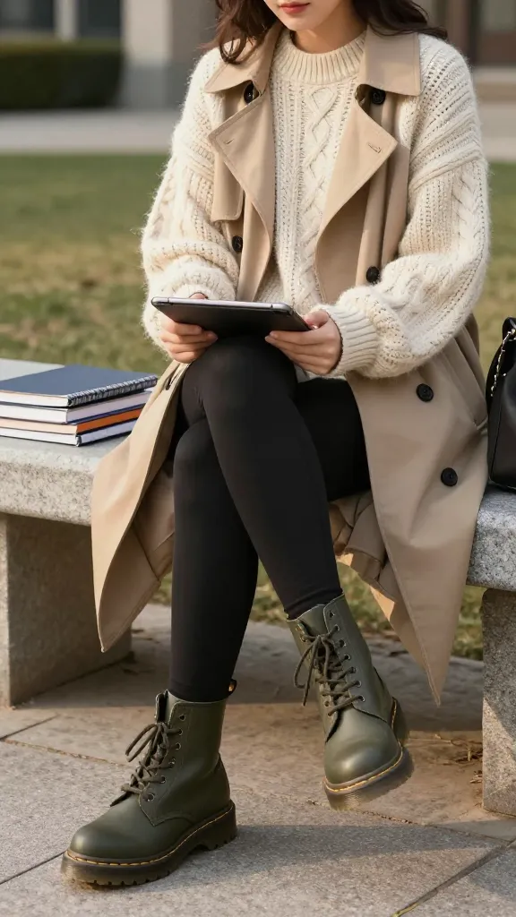 Cozy campus vibe: student in olive-green Doc Martens, oversized cable-knit sweater, black leggings, and a half-trench coat, sitting on a stone bench with a stack of notebooks and a tablet, early morning light.