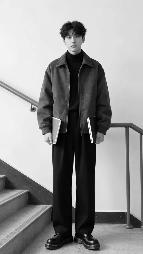 Minimalist monochrome look: student in black Doc Martens, a monochrome long-sleeve turtleneck, wide-leg trousers, and a clean shearling jacket, holding a slim notebook, against a stark college stairwell with metal railings.