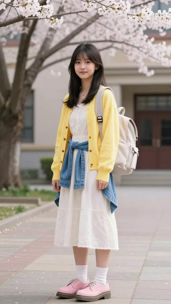 Lightweight spring-comfy ensemble: student wearing pastel Doc Martens, a bright cardigan over a sundress, a denim jacket tied around the waist, and a sculpted backpack, standing under cherry blossoms in a university courtyard.