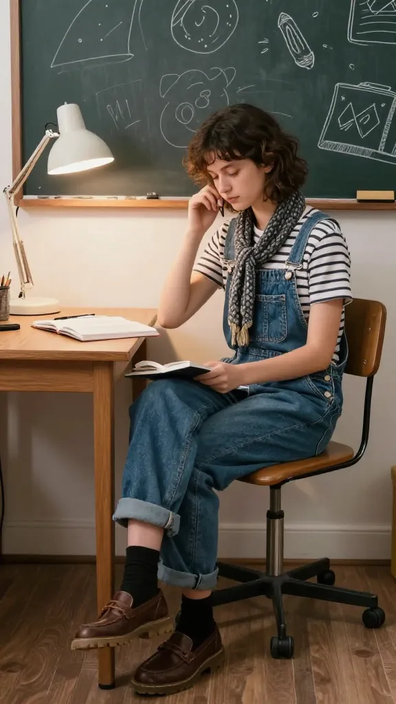 After-class study nook: student in rugged lug-sole Docs, denim overalls over a striped tee, a chunky scarf, and loafers alongside a desk lamp-lit study corner, a chalkboard with doodles in the background.