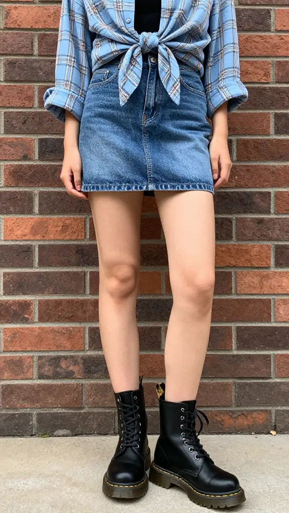 Full-body shot of a person in black Doc Martens (8-eye), a denim mini skirt, and a lightweight blue plaid shirt tied at the waist, standing against a brick wall with a casual, effortless pose.