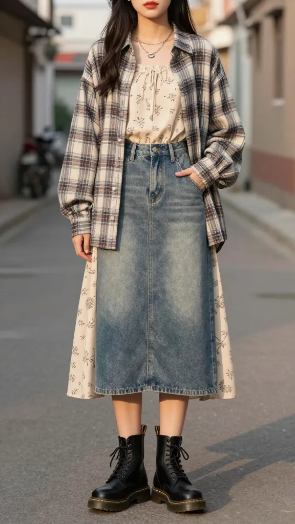 Street-style scene featuring black Doc Martens with a mid-length denim skirt, a soft beige prairie-print dress layered underneath a loose plaid shirt, photographed at golden hour in an alleyway.