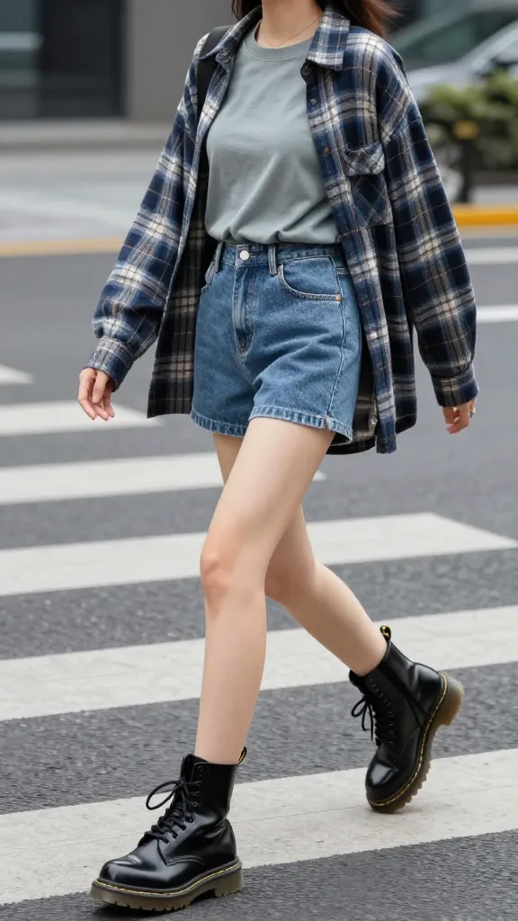 Model wearing glossy black 10-eye Doc Martens, a denim mini, and an oversized plaid shirt worn open over a simple tee, walking across a crosswalk with motion blur for a dynamic feel.