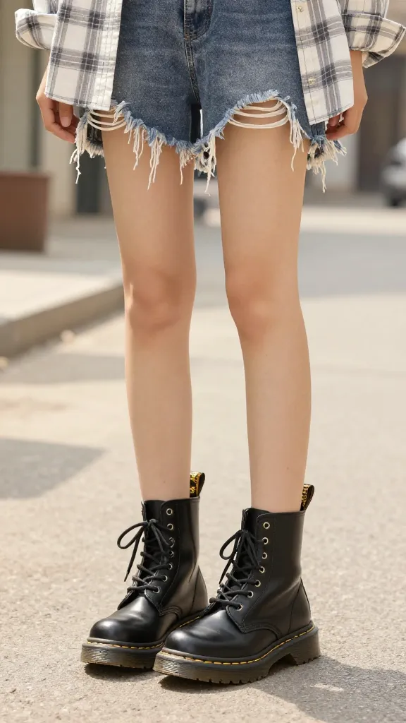 Close-up of legs in black Doc Martens, paired with a frayed denim skirt and a wind-blown lightweight plaid shirt, with a dusty, sunlit street as the background.