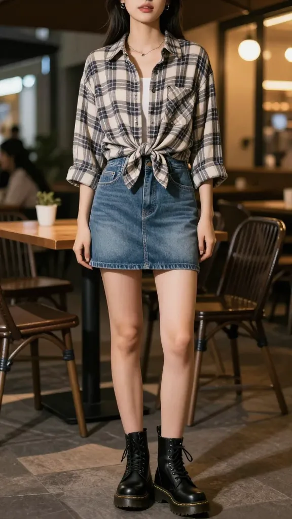 A day-to-night transformation look: black Doc Martens, a denim mini skirt, and a soft plaid shirt knotted at the waist, photographed at a cafe patio with warm, inviting tones.