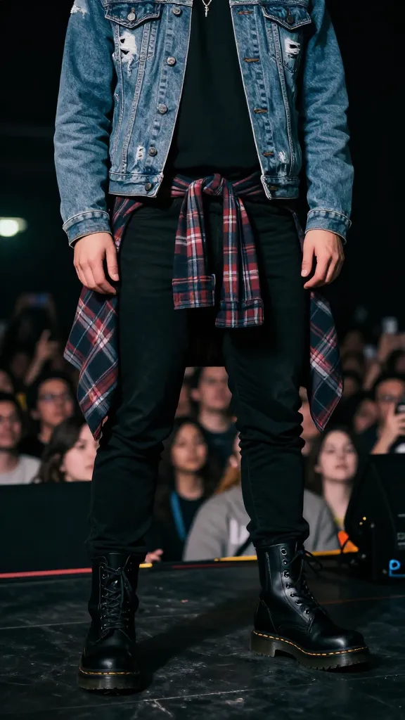 A dark concert scene with a person wearing chunky black Doc Martens, distressed denim jacket, black band tee, and a flannel tied around the waist; moody stage lighting, crowd blur in the background, slight leather texture on boots.