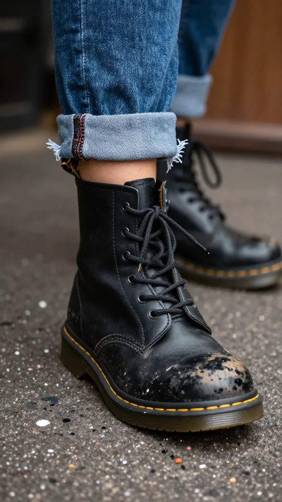 Close-up shot of a single battered black Doc Marten boot stepping through a splash of stage-paint splatter, with ripped jeans cuffed at the ankle and a lace-edged leather cuff visible, shallow depth of field.