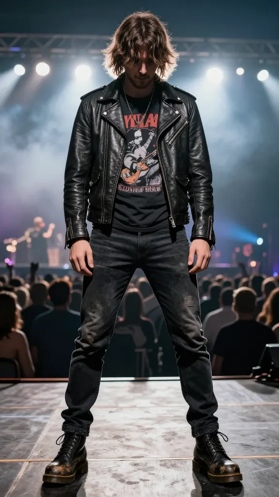 The classic rock show: leather jacket, dark denim, vintage rock tee, and heavily scuffed black Doc Martens; arena lighting with a sea of silhouettes and a hint of fog.