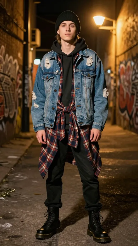 Grunge-revival twist: oversized flannel shirt tied at the waist, torn denim jacket over a hoodie, chunky Doc Martens, beanie, and a gritty alleyway with graffiti and warm streetlamp light.