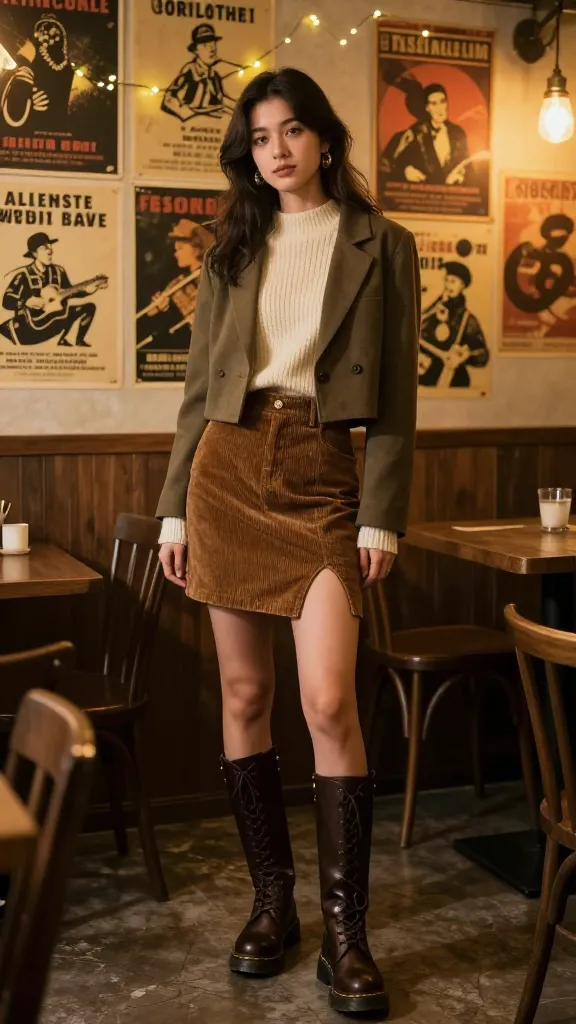 A retro indie cafe vibe: corduroy skirt, ribbed knit sweater, cropped blazer, and mid-calf Doc Martens; vintage poster wall, warm amber lighting, and tiny ambient fairy lights.