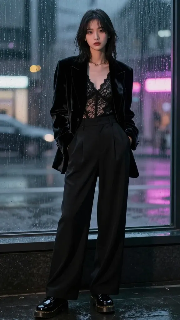A moody synth-wave look: velvet blazer, lace top, high-waisted wide-leg trousers, and glossy black Doc Martens; rain-streaked window background with neon reflections and soft bokeh.