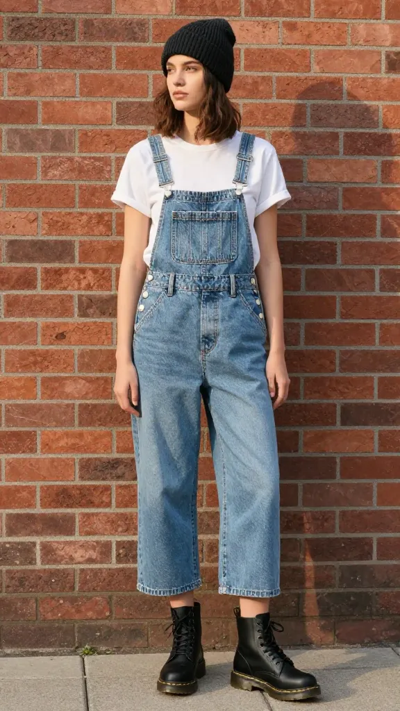 A female model wearing light-wash denim overalls cropped mid-thigh, matte black Doc Martens, a simple white tee, and a chunky belt, standing against an urban brick wall with a casual beanie and a soft afternoon glow.