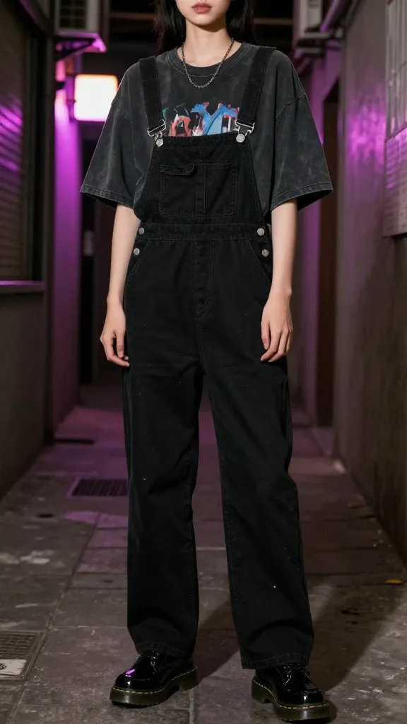A grunge-inspired look with black overalls, shiny patent black Doc Martens, a dark oversized graphic tee peeking from beneath, and a minimal chain necklace, posed in a gritty alley with neon reflections.