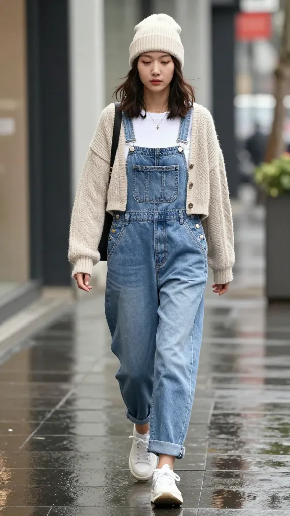 A cozy street-style scene featuring light-wash denim overalls ankle-length, white sneakers or chunky white tee, a cropped cardigan, and a slouchy beanie, strolling on a rainy city sidewalk with reflections on wet pavement.