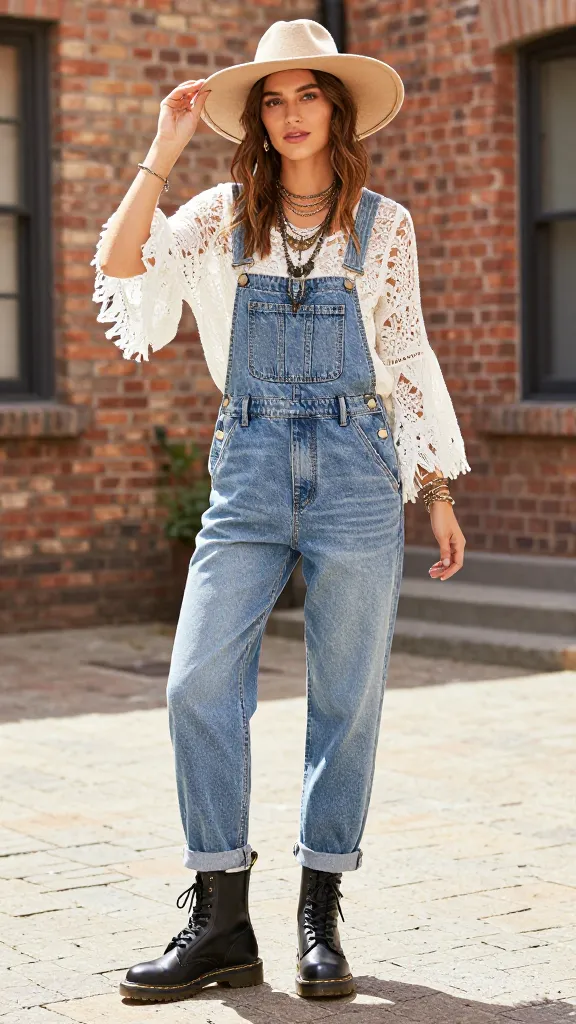 An edgy boho combination: light denim overalls, matte black Doc Martens, a flowing white lace blouse peeking at the sleeves, layered bohemian jewelry, and a wide-brim hat against a sunlit brick courtyard.