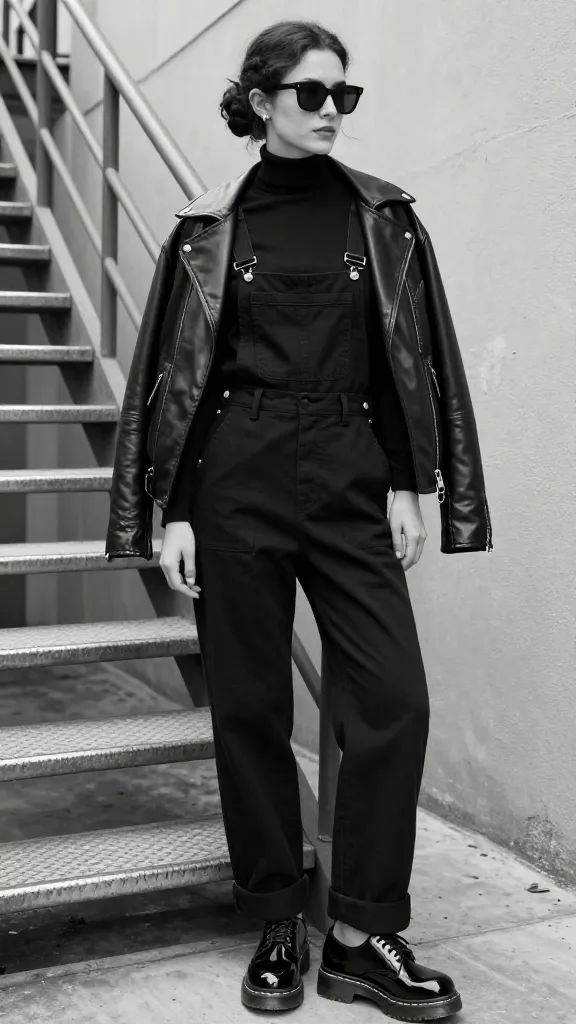 A monochrome urban look: black overalls, patent Doc Martens, fitted black turtleneck, black leather jacket draped over shoulders, and dark sunglasses, posing near a metal staircase.