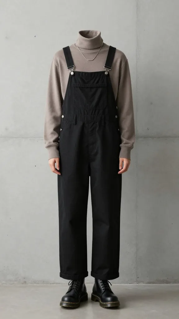 A minimalist chic setup: black overalls, matte black Doc Martens, taupe turtleneck underneath, sparse jewelry, and a clean concrete wall with soft frontal lighting.