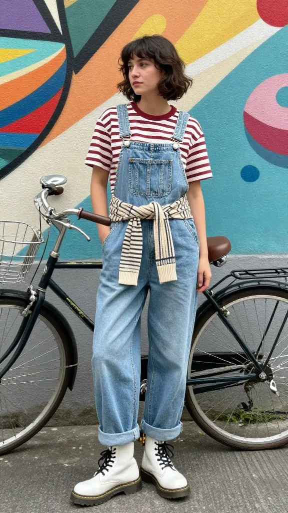 A retro-inspired street shot: light denim overalls with a striped tee, thrifted cardigan tied at the waist, white Doc Martens with bold laces, and a vintage bike propped beside a mural.