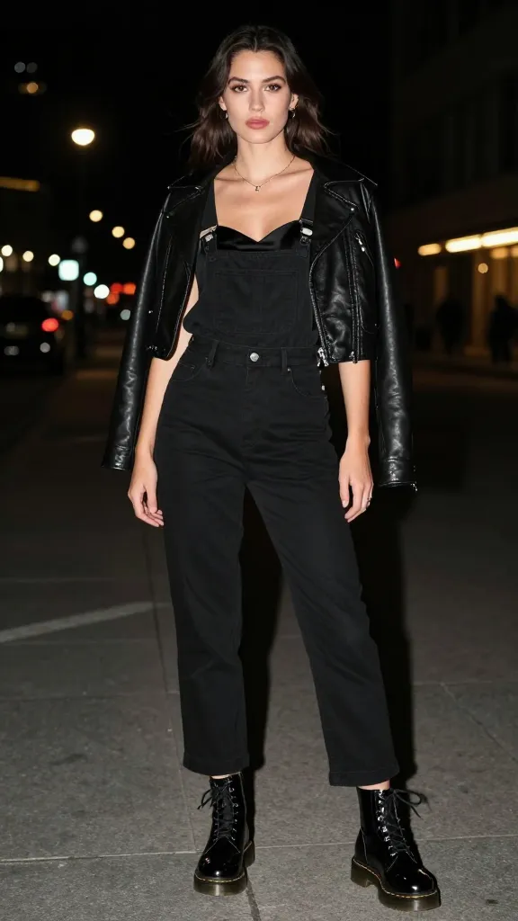 A high-contrast night-out look: black overalls, patent Doc Martens with metallic accents, satin camisole underneath, cropped leather jacket, and city lights bokeh in the background.