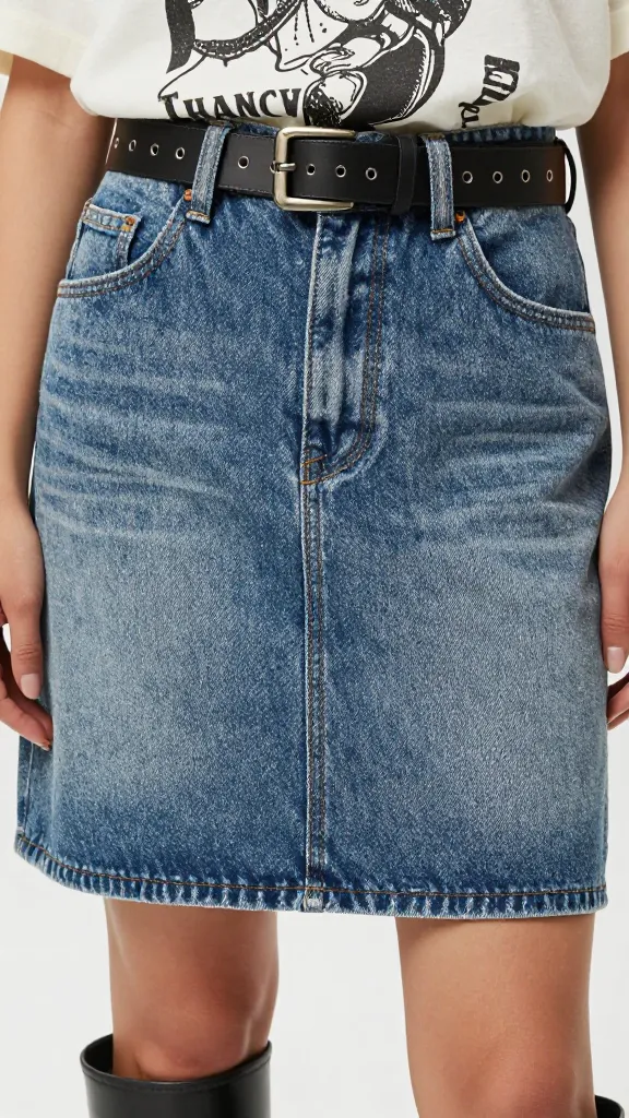 Close-up shot of a distressed denim skirt paired with platform Doc Martens, a graphic tee partially tucked in, and a chunky belt, with focus on the texture of the denim, hardware, and layered belts.