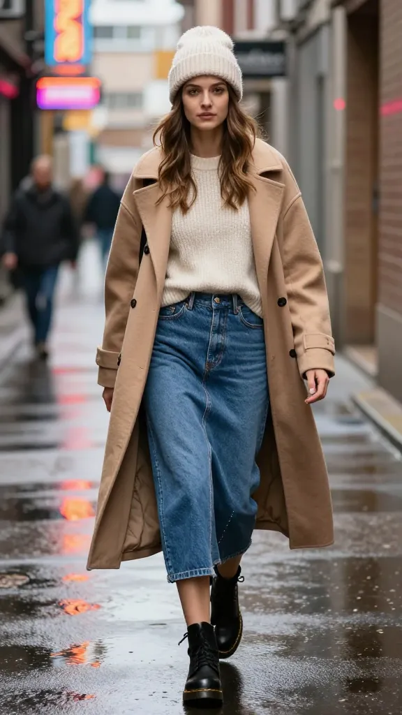 Street-style scene featuring a soft knit sweater tucked into a denim skirt with ankle Doc Martens, a slouchy beanie, and a longline coat, walking down an alley with neon signs reflecting on wet pavement.