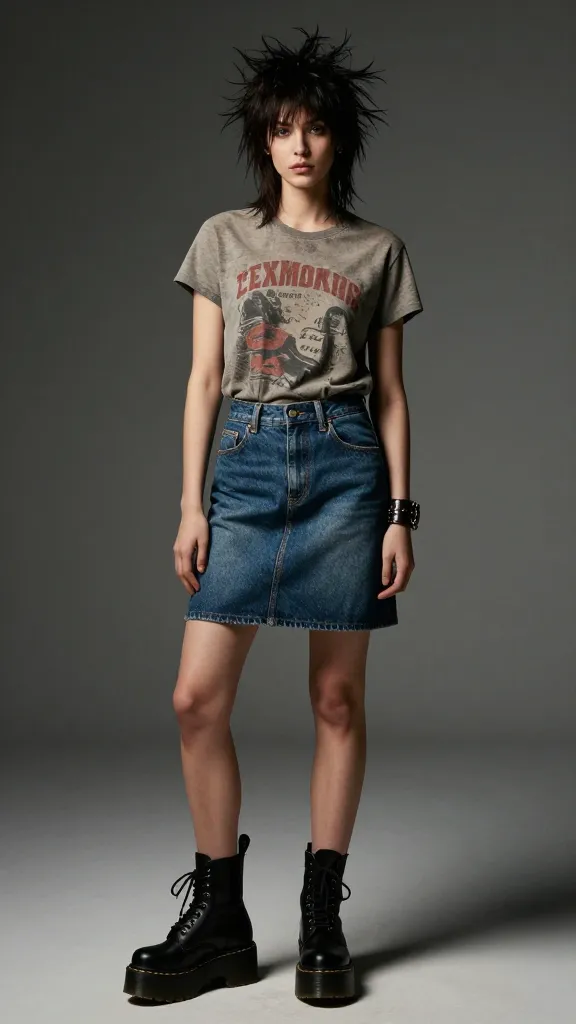A studio portrait of a model in a vintage band tee tucked into a denim skirt, platform Doc Martens, a leather cuff bracelet, and a shock of teased hair, with a moody, high-contrast lighting setup.