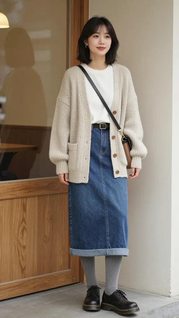 Casual daytime look: denim skirt with rolled hem, ankle Doc Martens, oversized knit cardigan, ribbed tights, and a crossbody bag, posed beside a coffee shop window with soft natural light.
