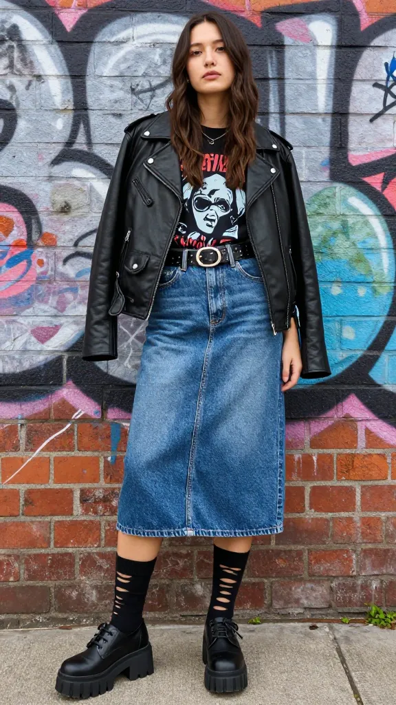 Grunge-revival outfit: mid-length denim skirt, chunky Docs, black leather jacket slung over the shoulder, graphic tee, slitted knee-high socks, and a bold belt, against a graffiti-covered brick wall.