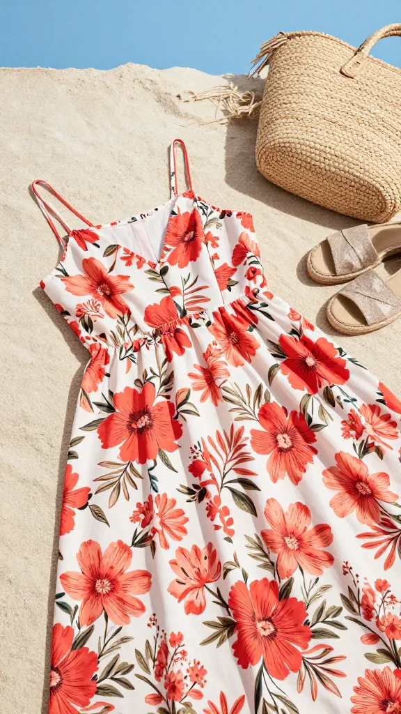 Close-up shot of a vibrant coral and white floral midi dress laid out on light sand, with a distressed straw tote and a pair of espadrille sandals nearby, bright blue sky overhead.