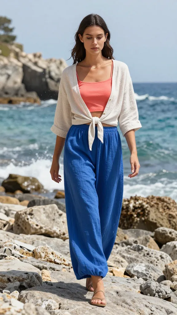 A model strolling along a rocky shoreline in a bold ocean-blue maxi skirt, a coral cropped top, and a thin linen cardigan tied at the waist, sea spray in the air and cliffs in the distance.