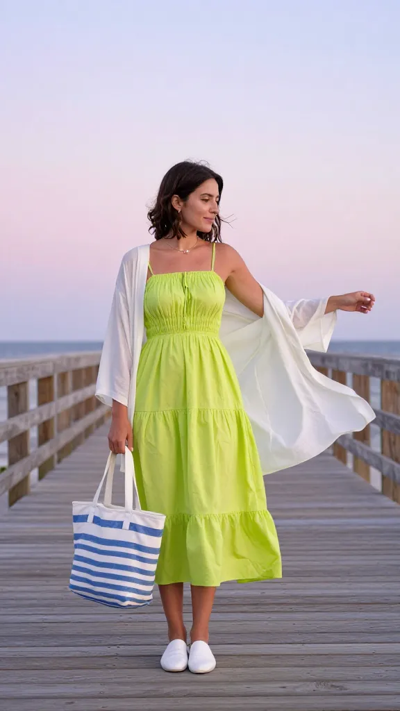 A colorful resort-inspired outfit on a wooden boardwalk: lime green sundress with white accessories, striped tote, and a light kimono fluttering in a sea breeze, pastel sky above.