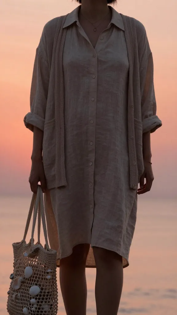 Sunset silhouette of a person wearing a breeze-worthy linen shirt dress in soft beige, a lightweight cardigan over shoulders, and a beach bag filled with seashells, warm orange-pink sky behind.