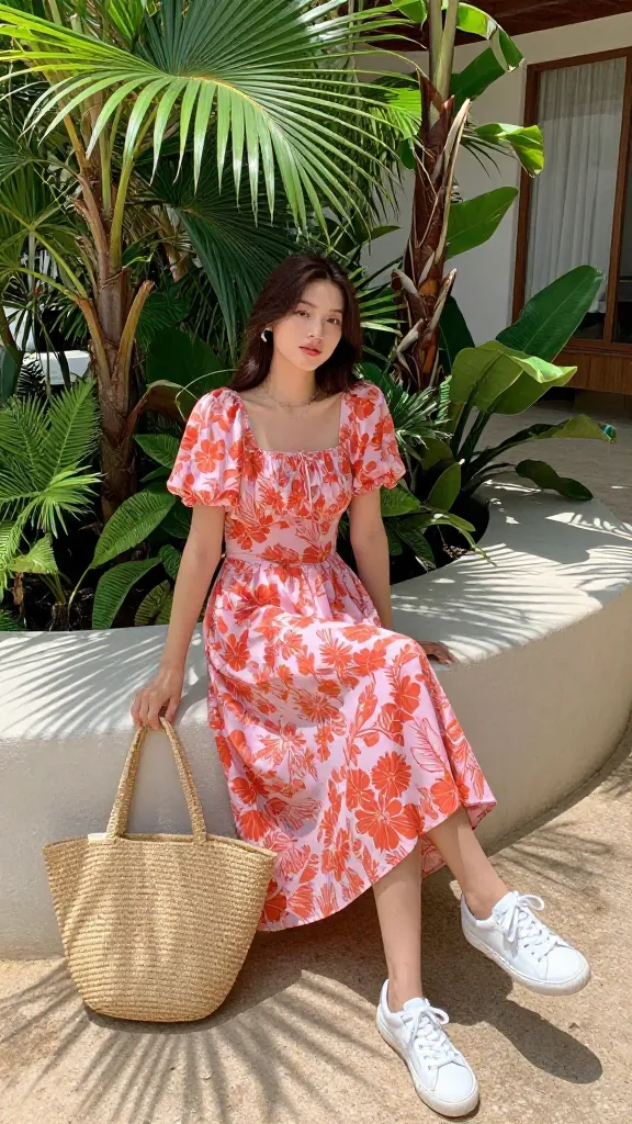 A playful scene of floral-print midi dress in pink and coral tones, paired with white sneakers and a straw tote, sitting on a sun-washed patio with tropical plants around.