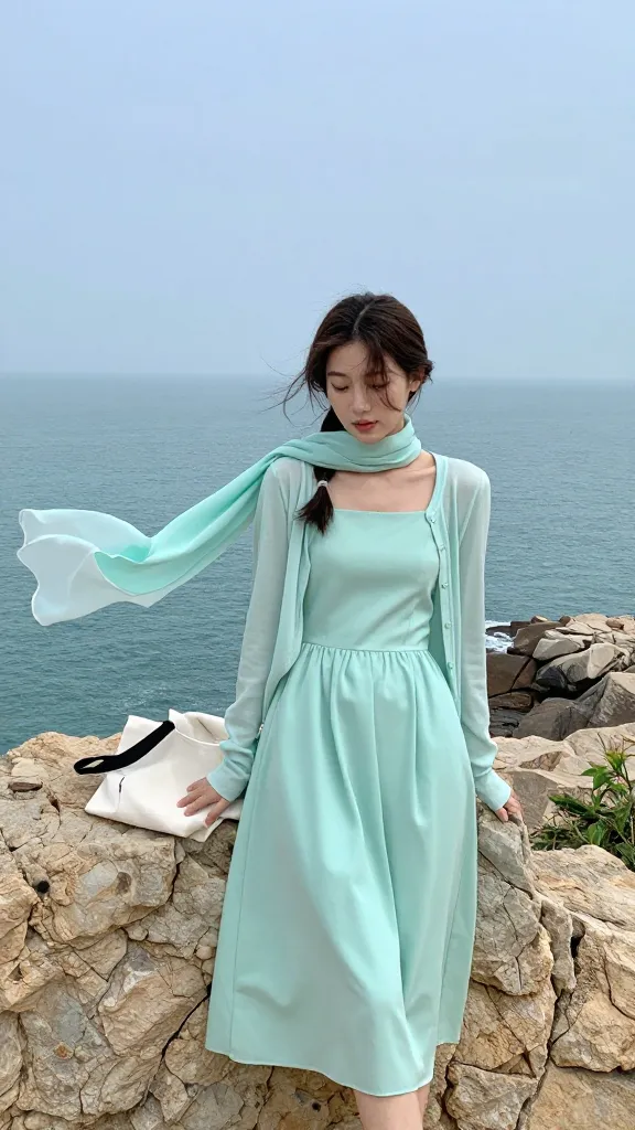 A breezy cliff-side lookout: model in a solid color midi dress (seafoam green) with a matching lightweight cardigan, a sheer scarf fluttering, and a tote resting on the rock ledge, ocean below.