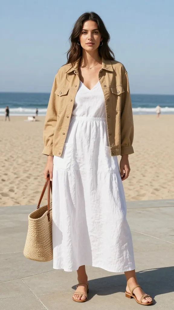 A sunlit Santa Monica boardwalk scene featuring a casually chic woman wearing a lightweight white linen maxi dress with pockets, a tan utility jacket draped over shoulders, and strappy sandals, holding a woven tote, with the ocean in the background.