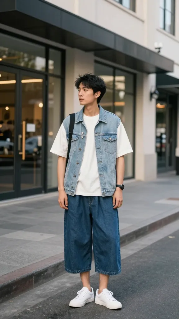 A Sacramento city street in late afternoon: a stylish man in a breathable cotton blend short-sleeve shirt, ankle-length denim layering piece, light denim jacket, and white sneakers, standing beside modern storefronts with a gentle breeze moving through the scene.
