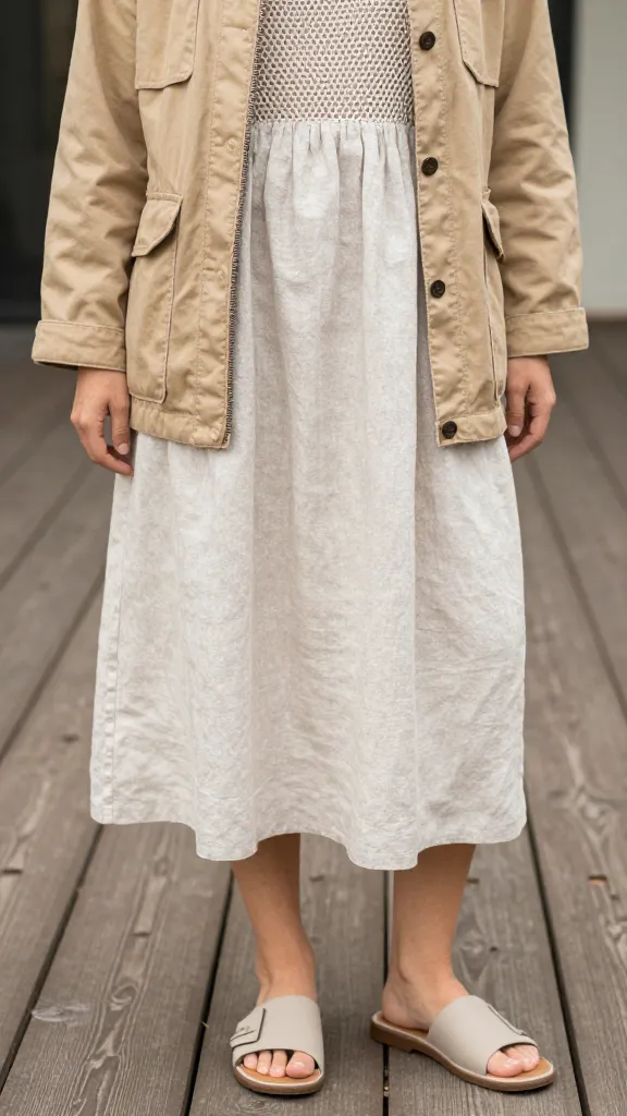 Close-up shot of a layered California spring outfit: a tan utility jacket over a breathable mesh top, a linen-blend midi dress with pockets peeking from beneath, and a pair of neutral slide sandals on a wooden deck.