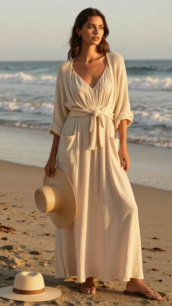 A Santa Monica beach scene at golden hour: a sun-kissed model in a flowy maxi dress with pockets, a lightweight cardigan tied at the waist, and a wide-brim hat resting nearby, soft waves in the background.