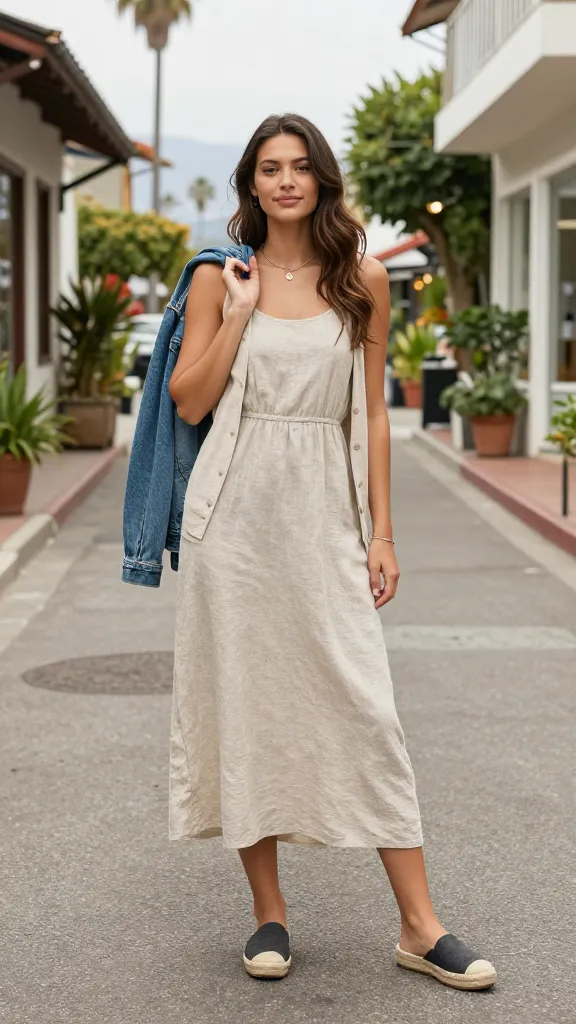A breezy coastal town alley in Malibu: a layered ensemble featuring a linen blend sleeveless dress with a thin cardigan, a denim jacket hung over one shoulder, and slip-on espadrilles, ambient plant-filled storefronts around.