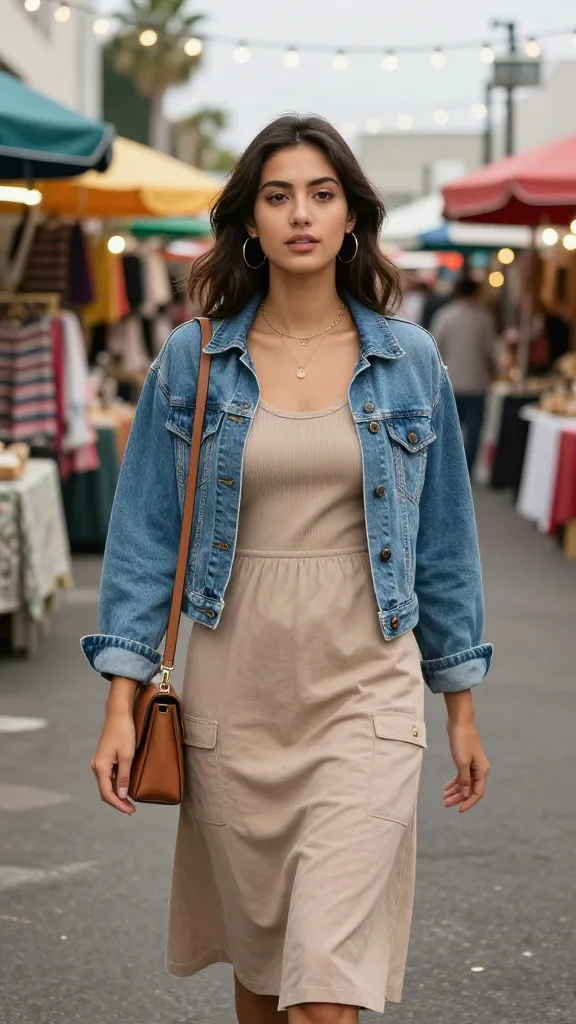 An open-air market in downtown L.A.: a fashionable shopper wearing a breathable scoop-neck top, a lightweight denim jacket, a midi dress with pockets, and crossbody bag, with colorful stalls and string lights overhead.