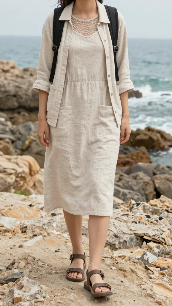 A sea breeze coastal hike scene: a traveler in a linen-blend midi dress with pockets, a thin mesh layer under a light jacket, a small backpack, and sturdy sandals, with rocky coastline and waves in the distance.