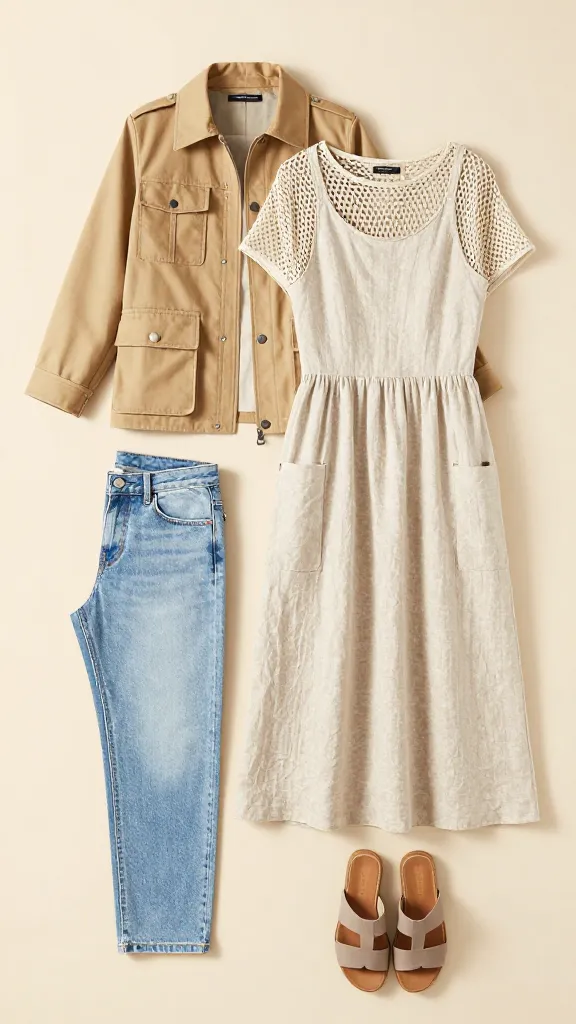 Foldable layering essentials laid out: flat lay featuring a tan utility jacket, a breathable mesh top, a linen-blend midi dress with pockets, a pair of light denim layering pieces, and neutral sandals against a sunny, warm-toned background.