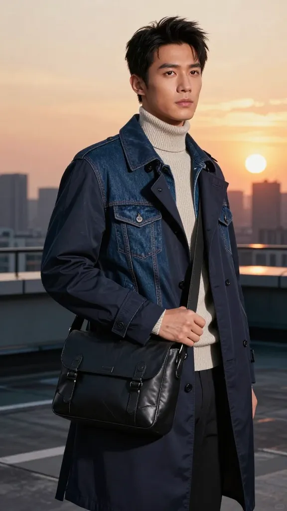 A stylish man on a rooftop at sunset in a layered outfit: fitted knit turtleneck, denim jacket, and a dark rain-ready trench, with a sleek leather messenger bag and skyline silhouettes behind him.
