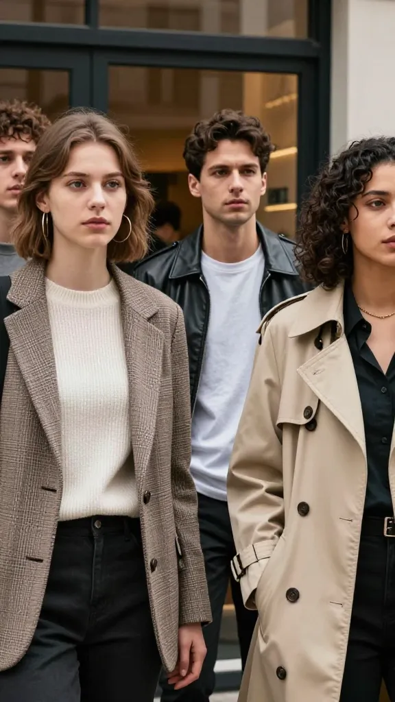 A group of diverse friends in front of a coffee shop: one in a lightweight knit under a blazer, another in a casual tee with a leather jacket, and a third in a trench, all with varied textures and urban storefronts around.